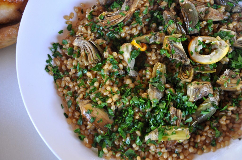 Woodfire Roasted Artichokes with Wheatberry Pilaf