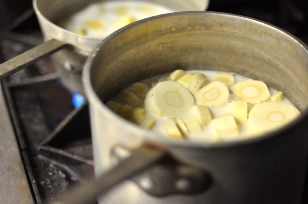 Parsnips and rutabagas cooked in a cream and water mixture
