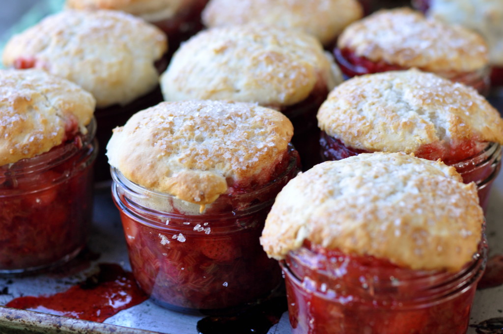 Strawberry, rhubarb, raspberry jam jar cobblers