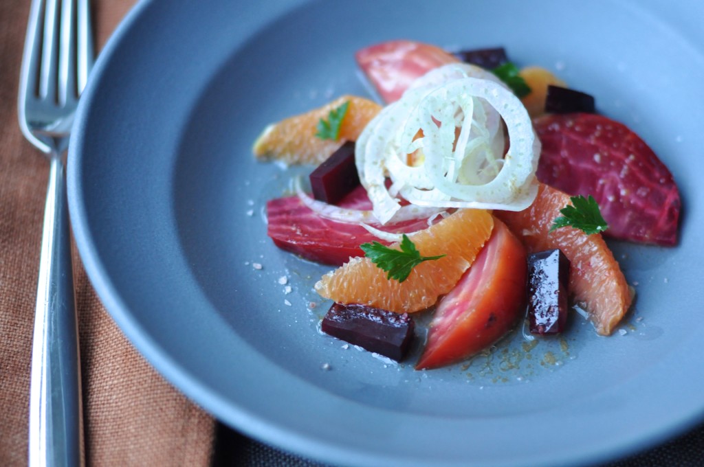 Cara Cara orange salad with roasted beets, fennel, and orange blossom vinaigrette