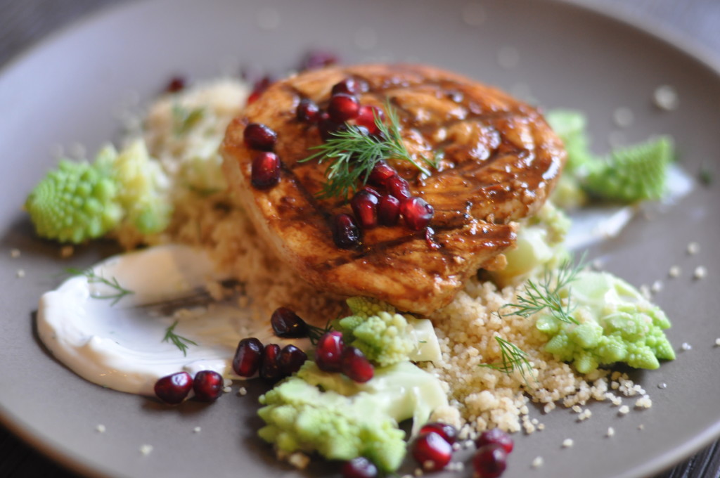 Pomegranate Swordfish With Romanesco Couscous & Labneh Dill Sauce Amy
