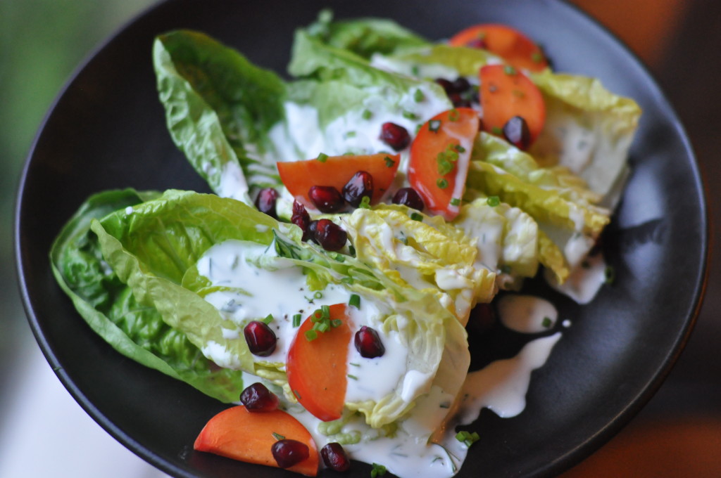 Fuyu Persimmon & Little Gem Lettuce Salad with Kefire Ranch Dressing
