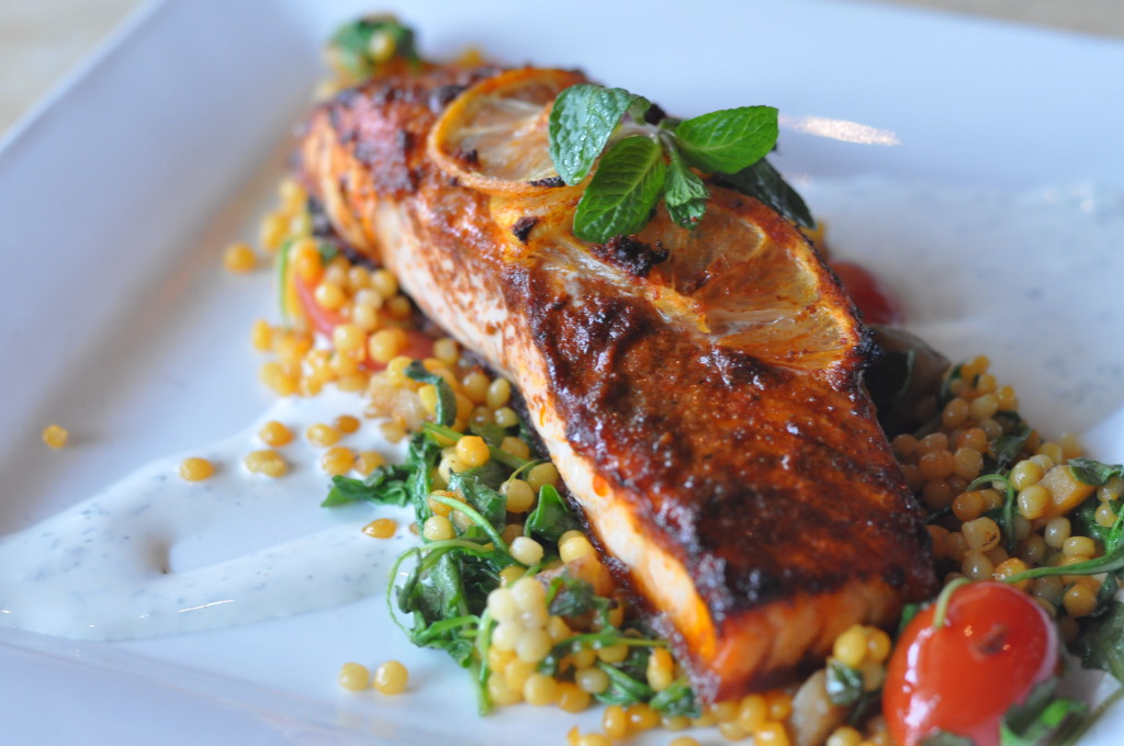Chermoula Roasted Salmon With Saffron Pearl Cous Cous And DillLebni