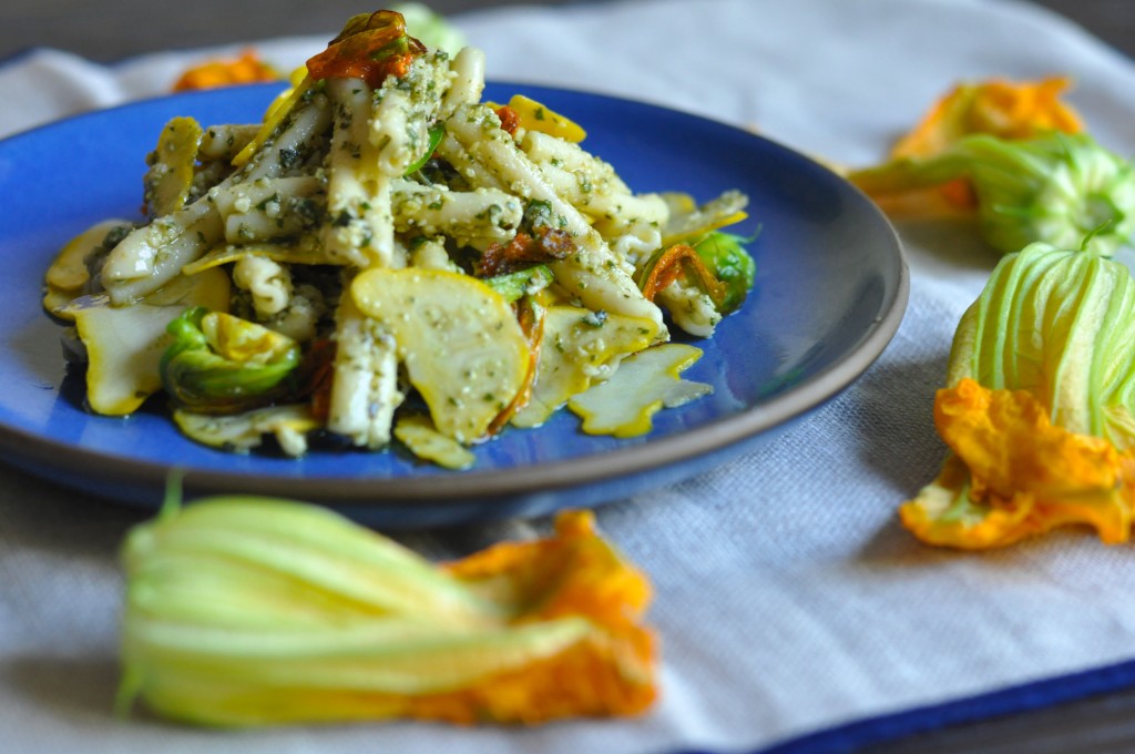 Squash Blossom and Walnut Pesto Pasta