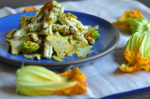 Squash Blossom with Walnut Pesto Pasta