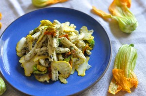 Squash Blossom Pasta with Walnut Pesto and Shaved Summer Squash
