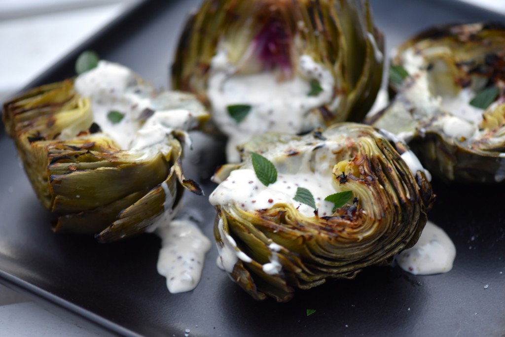 Grilled Artichokes with Anchovy Remoulade and mint