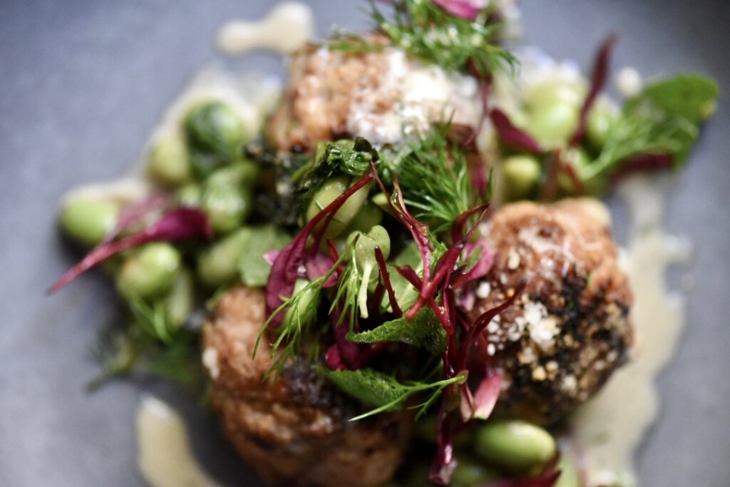 Ricotta Pork Meatballs with Pecorino Cream, Favas and Fresh Herbs